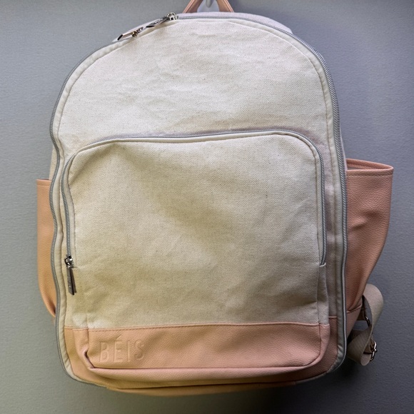 BEIS Handbags - BEIS Cream Canvas Backpack with Blush Tan Trim